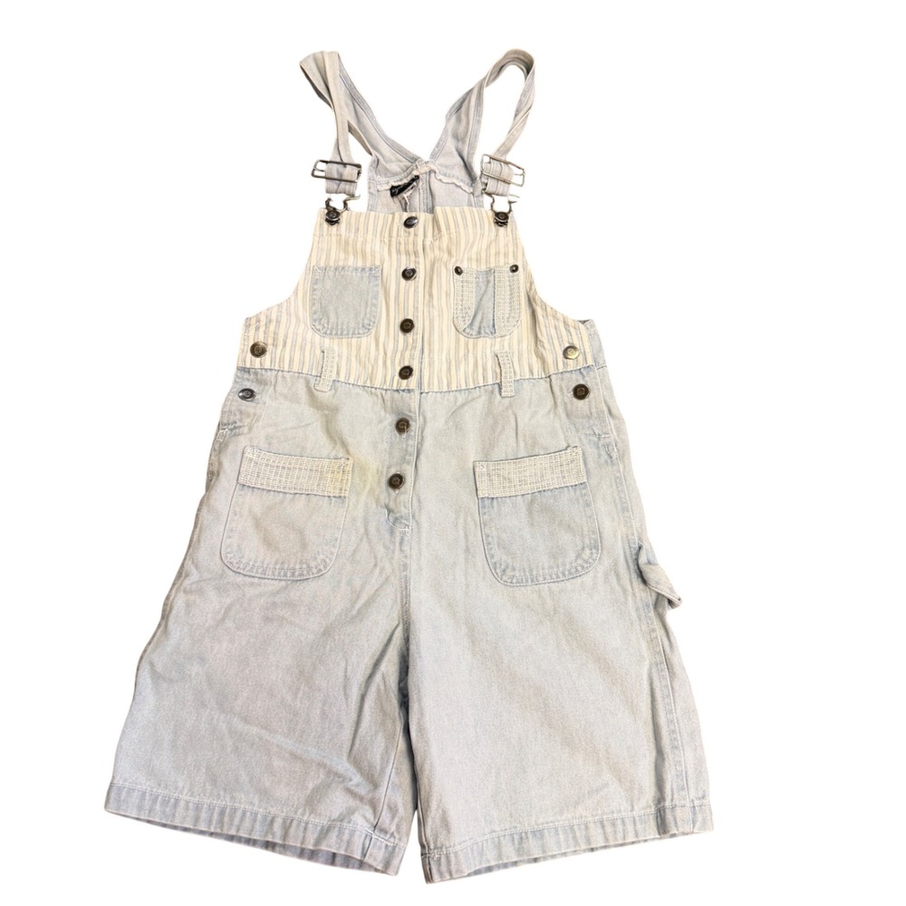 Xhilaration Striped Denim Shortalls Size 10/12 Button Front Utility Pockets